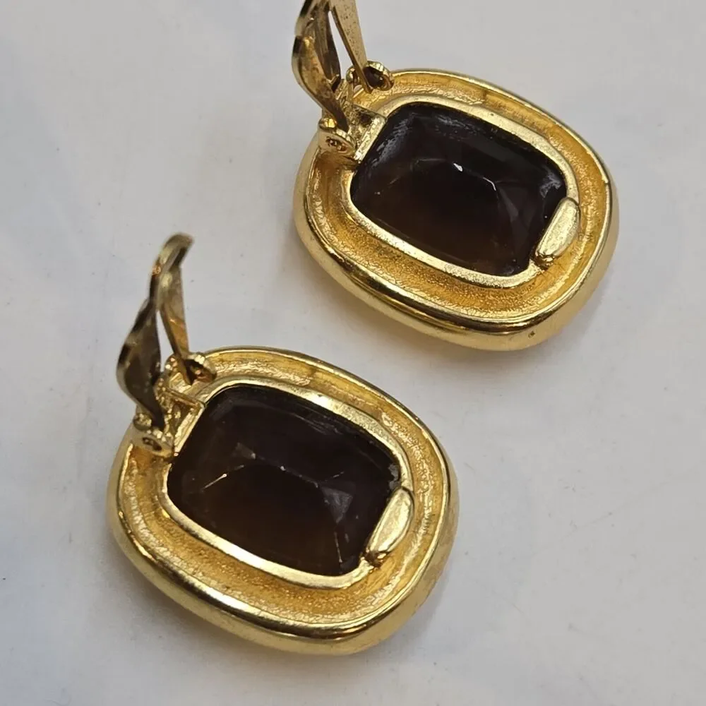 Vintage Signed Joan Rivers Square Bezel Set Amber Tone Glass Clip On Earrings